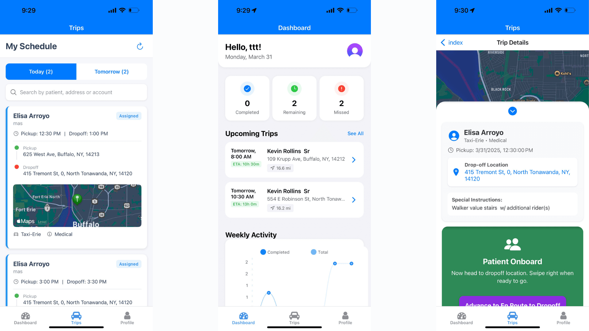 Axen NEMT driver app showing mobile trip assignments