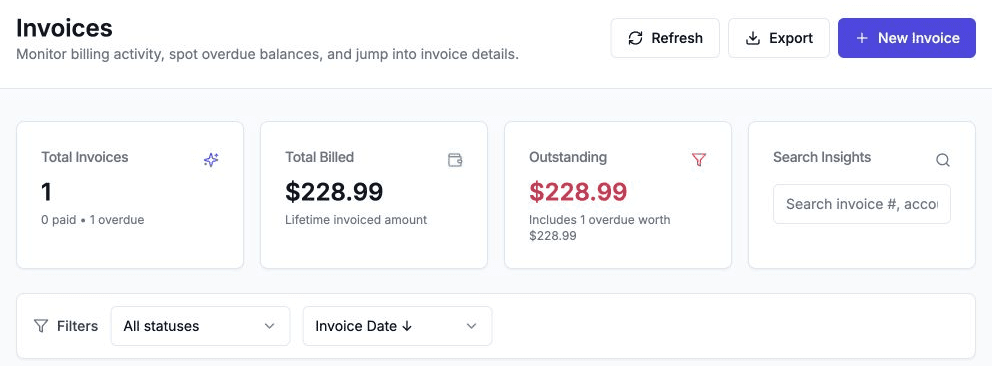 Axen NEMT billing overview with invoice totals, outstanding balances, and status filters, light mode