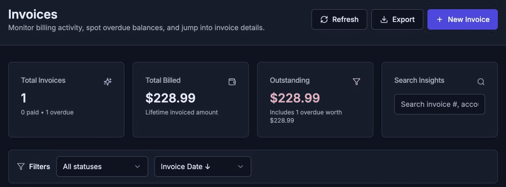 Axen NEMT billing overview with invoice totals, outstanding balances, and status filters, dark mode