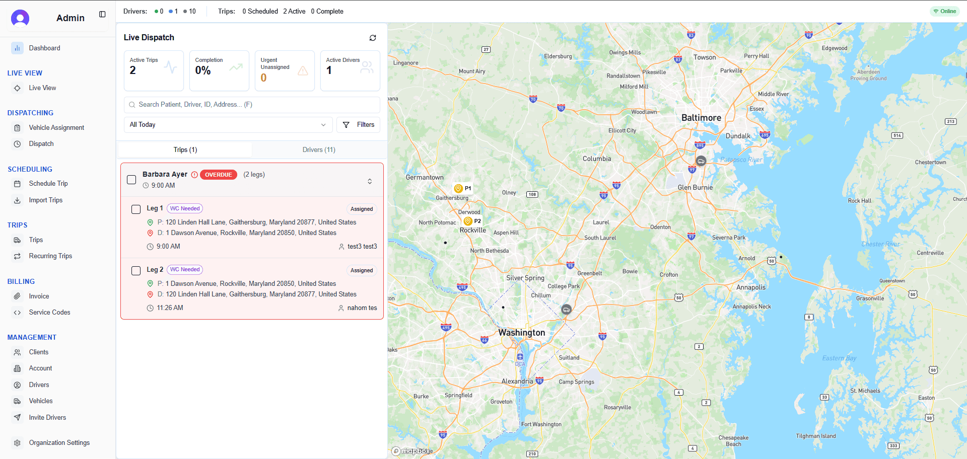 Axen dispatch console showing live vehicles, ETAs, and trip queue