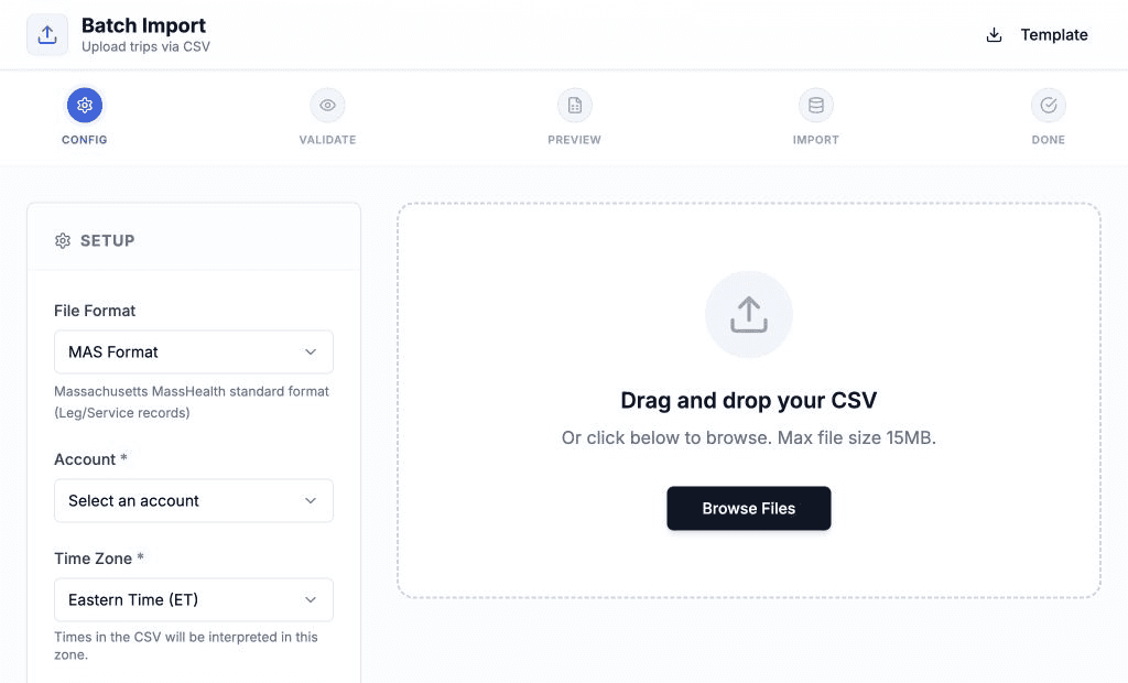 Axen trip import workflow with CSV upload, validation, account selection, and time zone settings, light mode