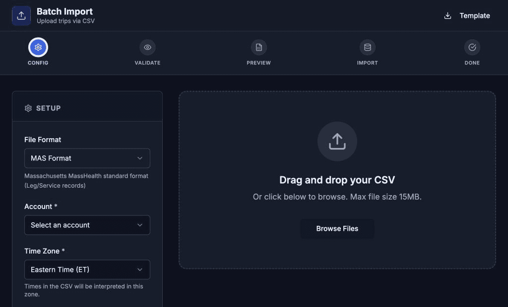 Axen trip import workflow with CSV upload, validation, account selection, and time zone settings, dark mode